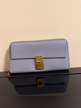 Chloe Drew Blue Leather Zip Long Wallet with Gold Hardware